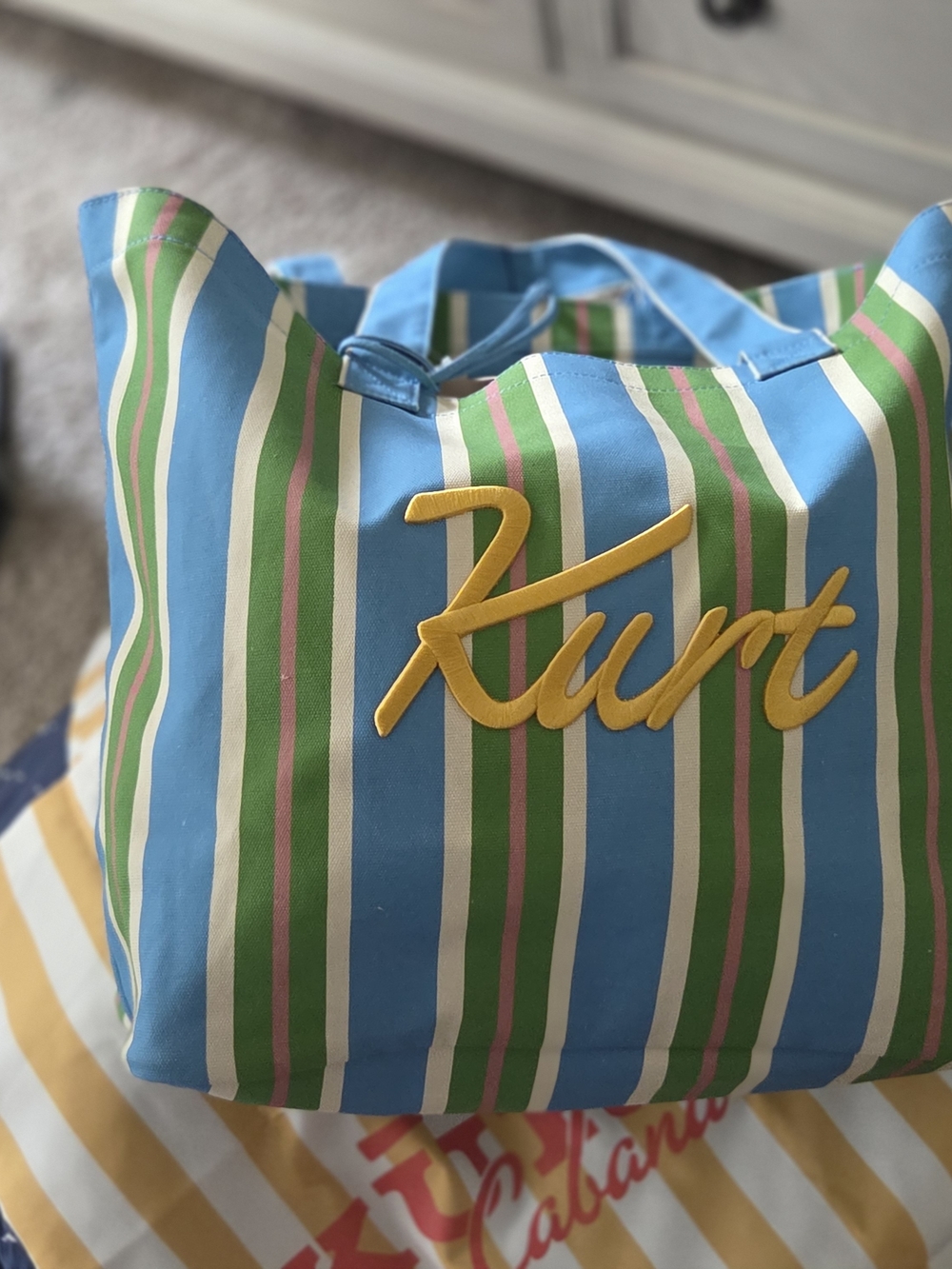 Kurt Script Logo Striped Tote in Blue, Green & White